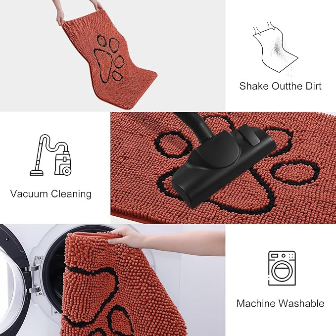 Smiry Dog Door Mat for Muddy Paws, Absorbent Dirt Trapper Non Slip Quick Dry Washable Chenille Mat for Mud Dogs, Entry Rug for Indoor and Outdoor (30x20 Inches, Maple Red and Black)