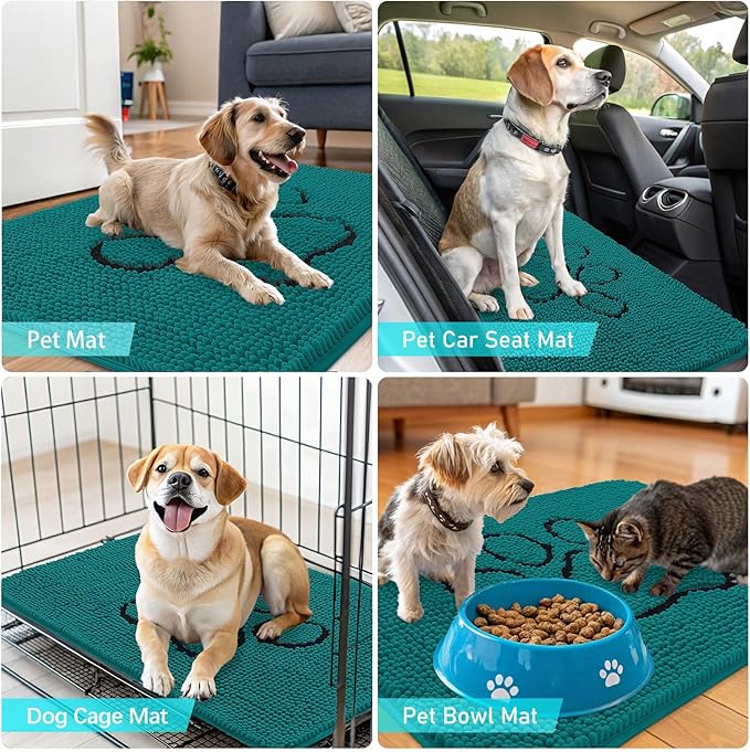 OLANLY Dog Door Mat for Muddy Paws 36x24, Paw Print Design, Absorbs Moisture and Dirt, Absorbent Non-Slip Washable Doormat, Quick Dry Chenille Mud Mat for Dogs, Entry Indoor Entryway Carpet, Lake Blue
