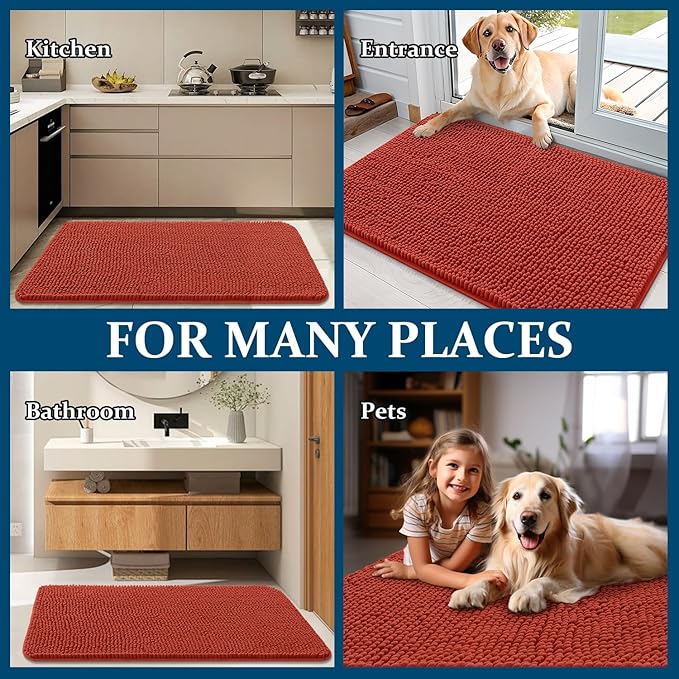 OLANLY Dog Door Mat for Muddy Paws 70x32, Absorbs Moisture and Dirt, Absorbent Non-Slip Washable Doormat, Quick Dry Chenille Mud Mat for Dogs, Entry Indoor Entryway Carpet for Inside Floor, Maple Red