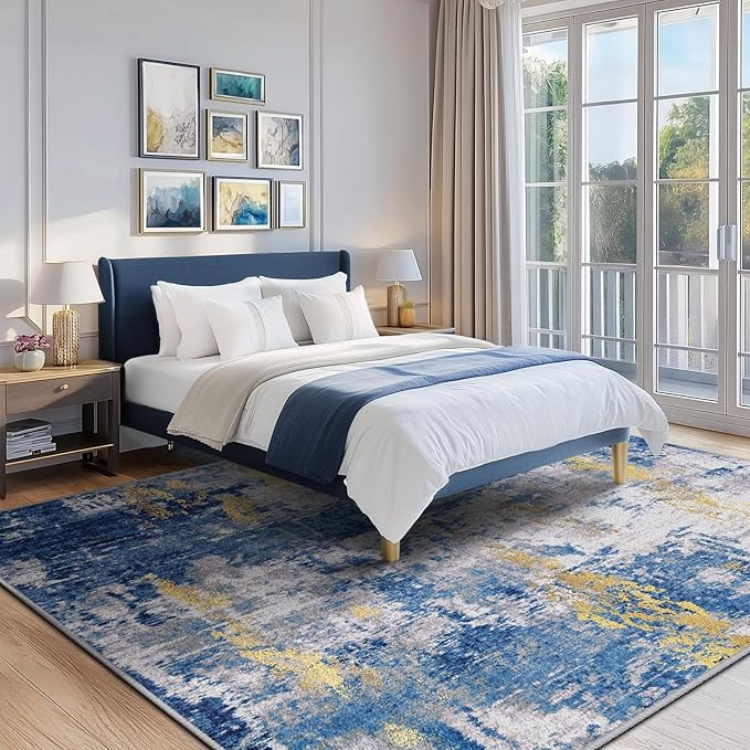 Washable Area Rugs 10'x12' Non-Slip Modern Abstract Soft for Living Room Entryway Bedroom Nursery, Print Pattern, Grey Blue Gold/Golden