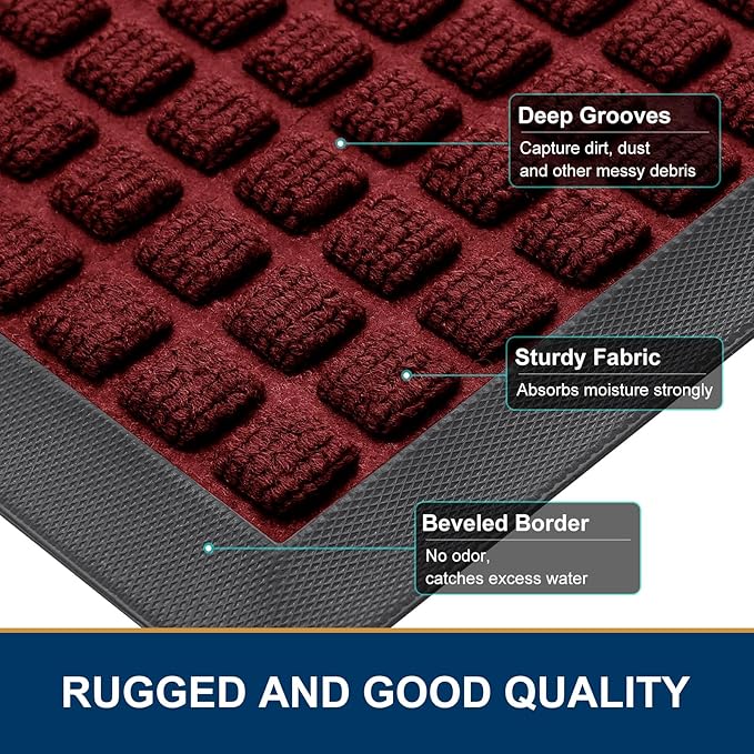 Smiry Front Door Mat Outside Entrance, Heavy Duty Natural Rubber Doormat, Non Slip, Trap Dirt and Moisture, Easy Clean, Low Profile Welcome Floor Mats for Indoor Outdoor Entry, 29.5x17 Inch, Red