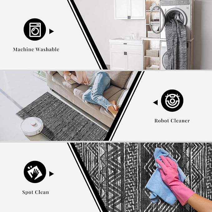 3x7 Washable Hallway Runner Rug - Moroccan Non-Slip Indoor Table Long Runners for Entryway Soft Low-Pile Neutral Rugs for Kitchen Waterproof Geometric Carpet for Bedroom Bathroom Laundry 3x7 Black
