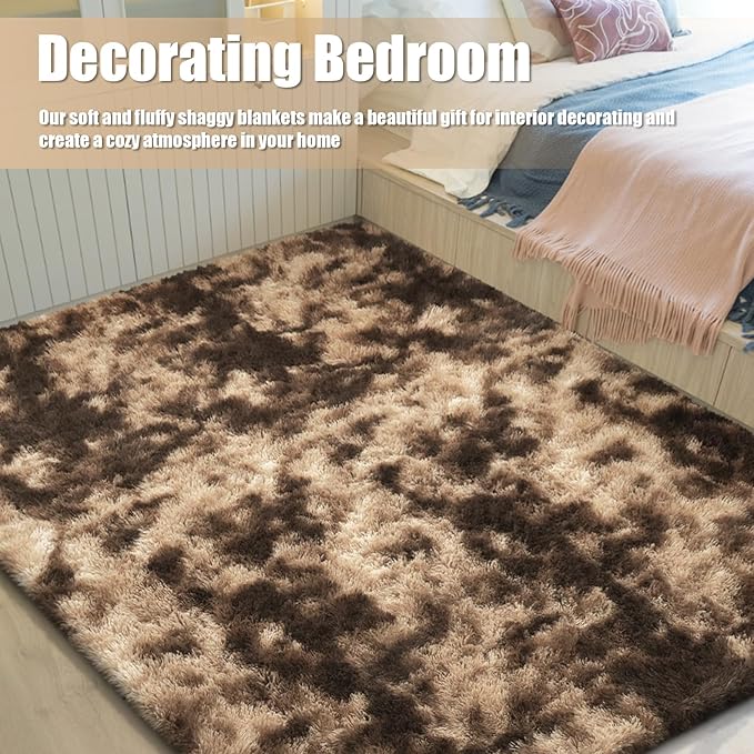 Shag Area Rug for Bedroom 4x6,Fluffy Area Rugs for Living Room,Soft Fuzzy Rug Non-Shedding Indoor Plush Carpet for Kids Bedroom Nursery Dorm Home Decor,Tie-Dyed Coffee