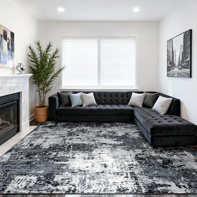 Washable Area Rugs 9'x12' Non-Slip Modern Abstract Soft for Living Room Entryway Bedroom Nursery, Print Pattern, Black Navy Blue Gray