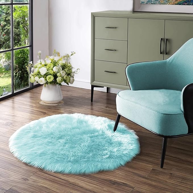 Latepis Light Blue Fur Round Rug 3ft Faux Sheepskin Circle Rug for Living Room Boho Rugs Bedroom Rugs Fluffy Rug for Teen Room Dorm Cute Room Décor