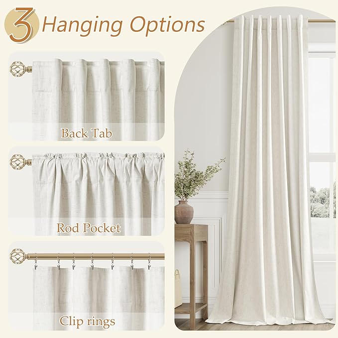 Guken Cream 100% Blackout Linen Curtains 94 Inch Length 2 Panels Set for Living Room Bedroom Back Tab Rod Pocket Thermal Insulated Black Out Drapes Room Darkening Farmhouse Window Curtains