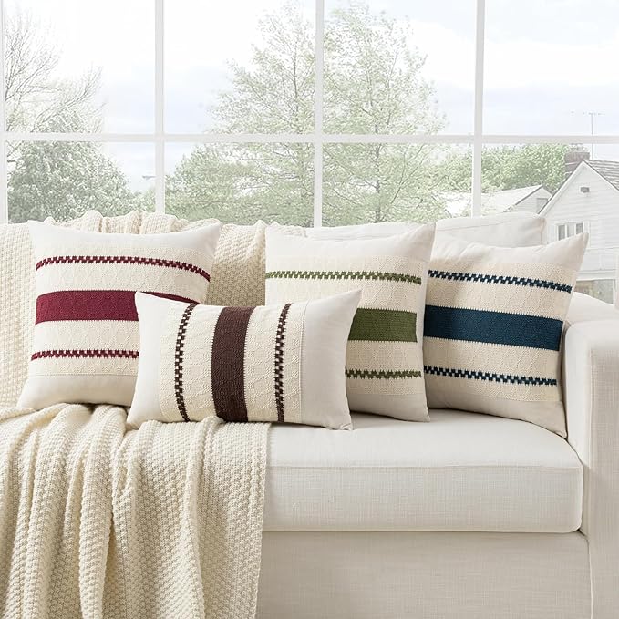 Fancy Homi Set of 1 Burgundy Boho Decorative Throw Pillow Covers 18x18 Inch for Couch Bed Sofa, Aesthetic Modern Farmhouse Christmas Room Decor, Soft Cotton Cute Textured Wind Red Cushion Case