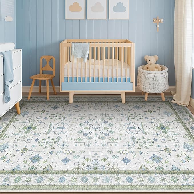 Green and Blue Kids Rugs for Bedroom 5x8 - Oushak Boho Cute Area Rug, Washable Low Pile Non-Slip Soft Foldable Indoor Carpet for Nursery, Playroom