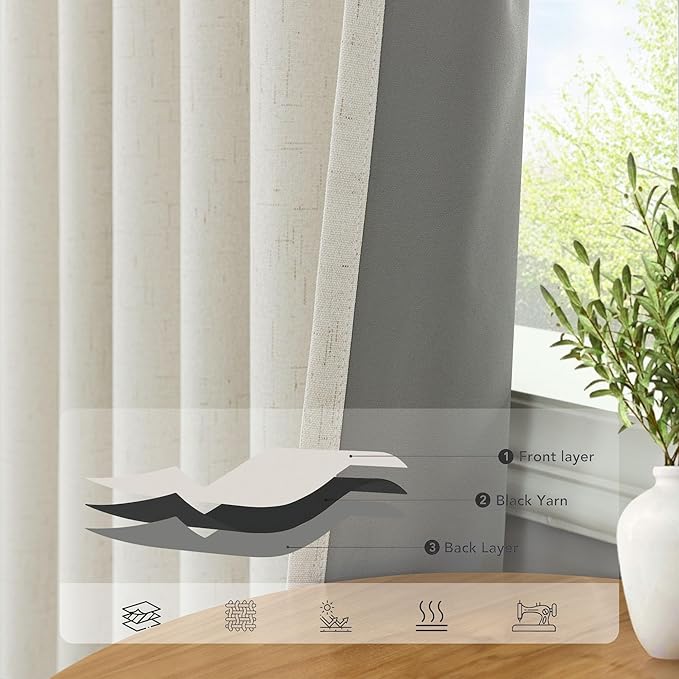100% Blackout Curtains 90 Inch Long for Living Room 2 Panel Boho Modern Farmhouse Room Darkening Thermal Curtain for Winter Insulated Cream Linen Drape for Bedroom Aesthetic Patio Sliding Door Length