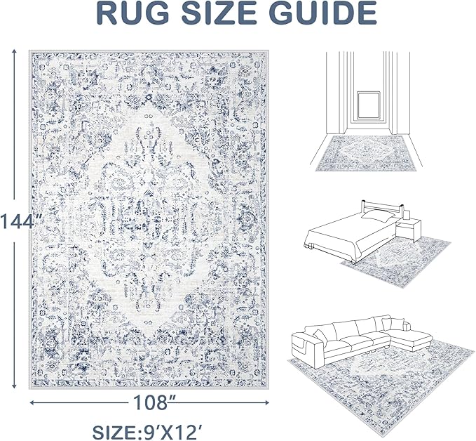 9x12 Area Rugs for Living Room: Washable Rug Vintage Large Rugs Soft Non Slip Low Pile Rug Floral Distressed Floor Carpet for Bedroom Dining Room Home Office (Blue,9'x12')