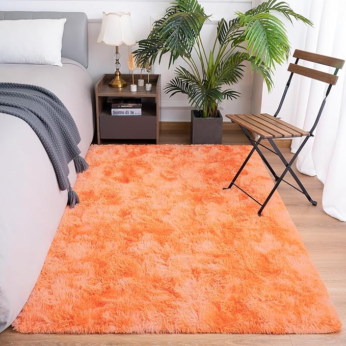 Goideal Fluffy Rug for Bedroom Living Room, 3x5 Orange Area Rugs, Faux Fur Shag Modern Carpet Ultra Soft Girls Boys Room Home Decor, Tie-Dyed