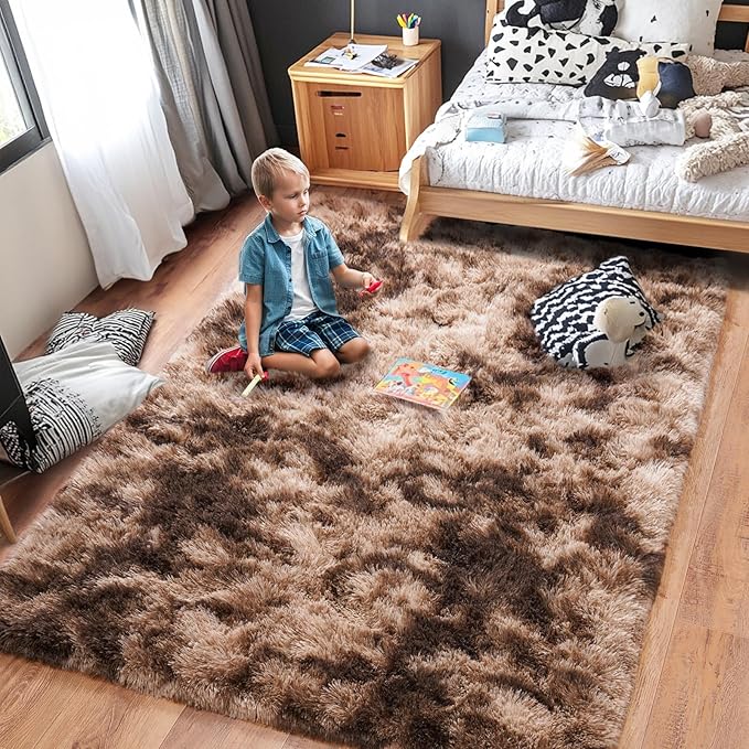Rugs for Living Room 8x10, Soft Shaggy Modern Shag Area Rug for Bedroom, Upgrade Non-Slip Plush Fluffy Carpet for Kids Boys Girls Room Home Decor Aesthetic, Tie-Dyed Brown