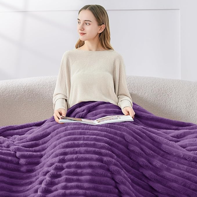 BEDELITE Twin Blanket for Couch & Bed, 300GSM Soft & Warm Fleece Blanket, Decorative and Giftable Striped Purple Blankets for Women, Men, 60"x80"
