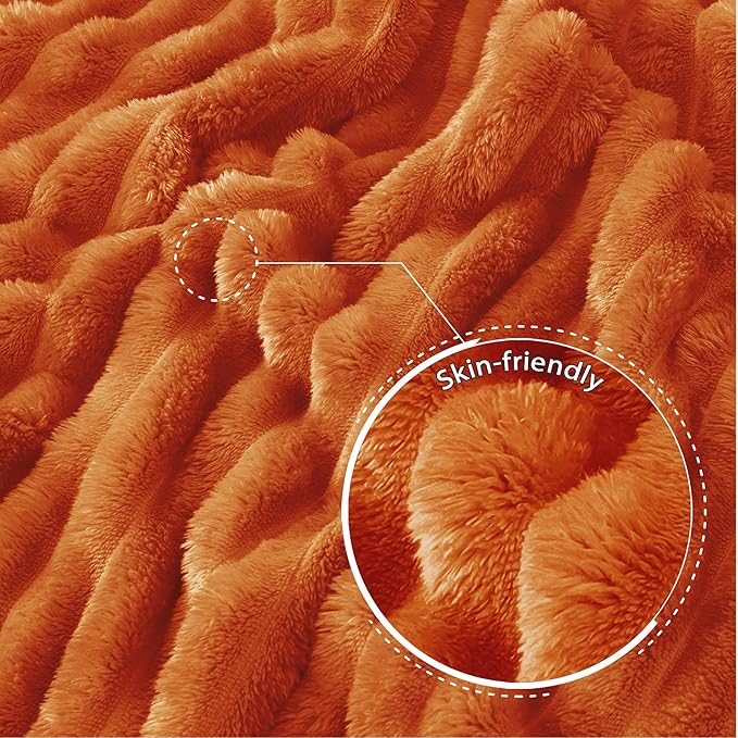 Exclusivo Mezcla California King Size Flannel Fleece Blanket, Super Soft Striped Jacquard Bed Oversized Blanket, Lightweight Fuzzy Cozy for All Seasons, 120x120 Inches, Burnt Orange