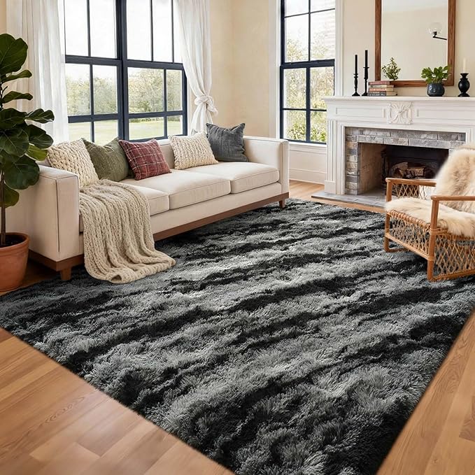 Area Rugs for Living Room, 5x7 Feet Soft Fluffy Shagg Plush Rug High Pile Large Non-Slip Floor Carpet for Bedroom Nursery Dorm Decor Aesthetic Black