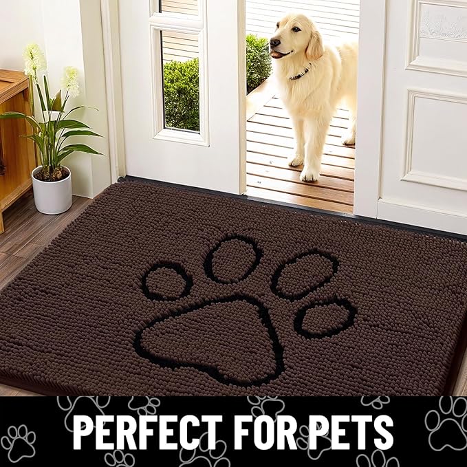 Smiry Dog Door Mat for Muddy Paws, Absorbent Dirt Trapper Non Slip Quick Dry Washable Chenille Mat for Mud Dogs, Entry Rug for Indoor and Outdoor (36x24 Inches, Brown and Black)