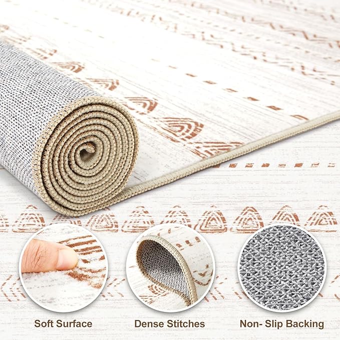 Nakagishi Runner Rug Kitchen Washable Rugs: 3x8 Non-Slip Boho Soft Modern Stain Resistant Indoor Floor Neutral Farmhouse Throw Carpet for Hallway Bathroom Laundry Room Entryway Bedroom- Brown