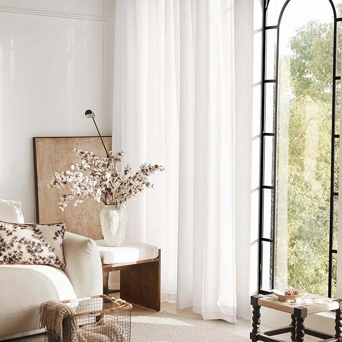 Extra Long White Curtain 120 inches Long 2 Panels Set Back Tab Light Filtering Cotton Textured Curtain Modern Farmhouse Coastal Decor White Linen Drapes 120 inch Length for Large Window 10 FT 60x120