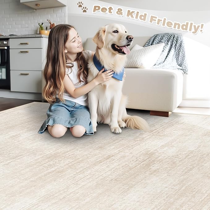 Area Rugs 9x12 for Living Room: Washable Rug Modern Abstract Neutral Soft Non-Slip Low-Pile Indoor Large Carpet for Bedroom Dining Room Playroom Home Office (Beige, 9'x12')