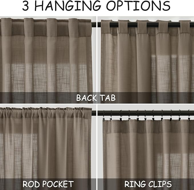 Nanspring Dark Taupe Linen Curtains 63 Inches Length 2 Panels Set for Living Room Back Tab Pocket Light Filtering Semi Sheer Drapes Neutral Farmhouse Cotton Linen Textured Window Curtain 52X63 Inch