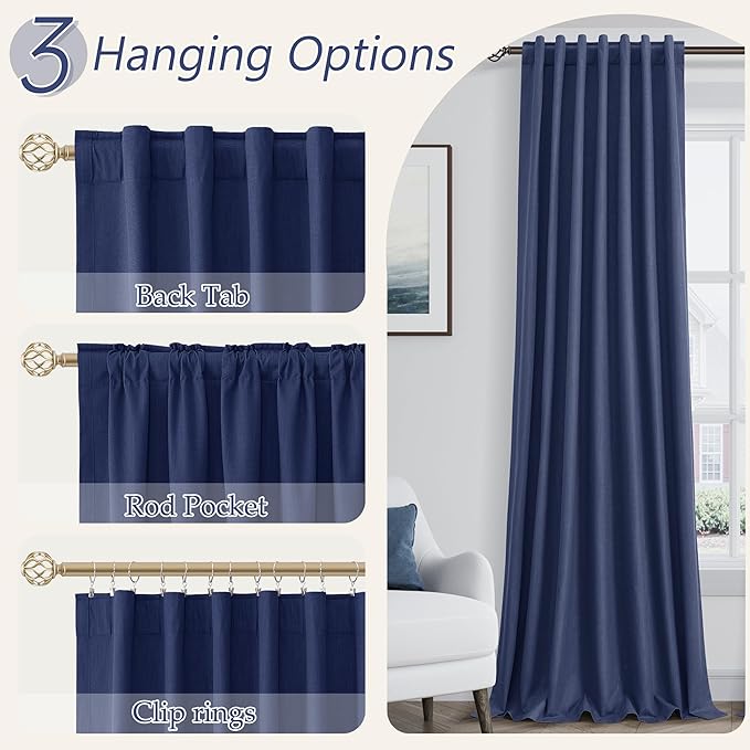 Guken 100% Blackout Curtains 102 Inch Length 2 Panels Set for Living Room Bedroom Back Tab Thermal Insulated Black Out Linen Drapes Room Darkening Window Curtains 102 Inches Long,Classic Blue