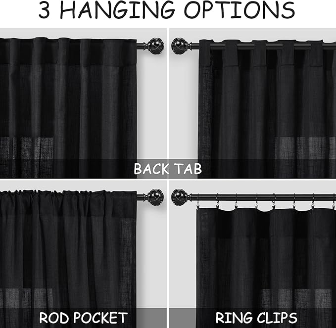 Nanspring Black Curtains 95 Inches Long 2 Panel Set Back Tab Sheer Black Linen Curtain Modern Farmhouse Muslin Look Cotton Textured Gauze Drapes 95 inch Length for Patio Sliding Door Office Bedroom