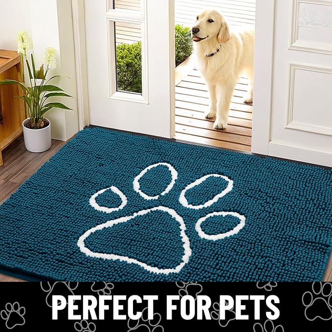 Smiry Dog Door Mat for Muddy Paws, Absorbent Dirt Trapper Non Slip Quick Dry Washable Chenille Mat for Mud Dogs, Entry Rug for Indoor and Outdoor (30x20 Inches, Atlantic Blue and White)