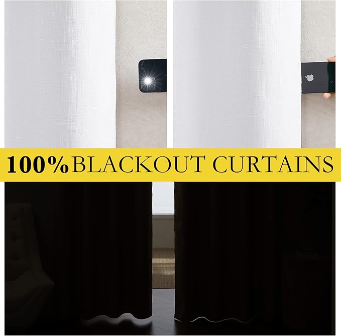 NICETOWN 100% Absolutely Blackout Linen Curtains with Thermal Insulated White Liner, White, 52 inches Wide, 84 inches Length Energy Saving Curtains for Living Room 2 Panels Set, Vertical Blinds