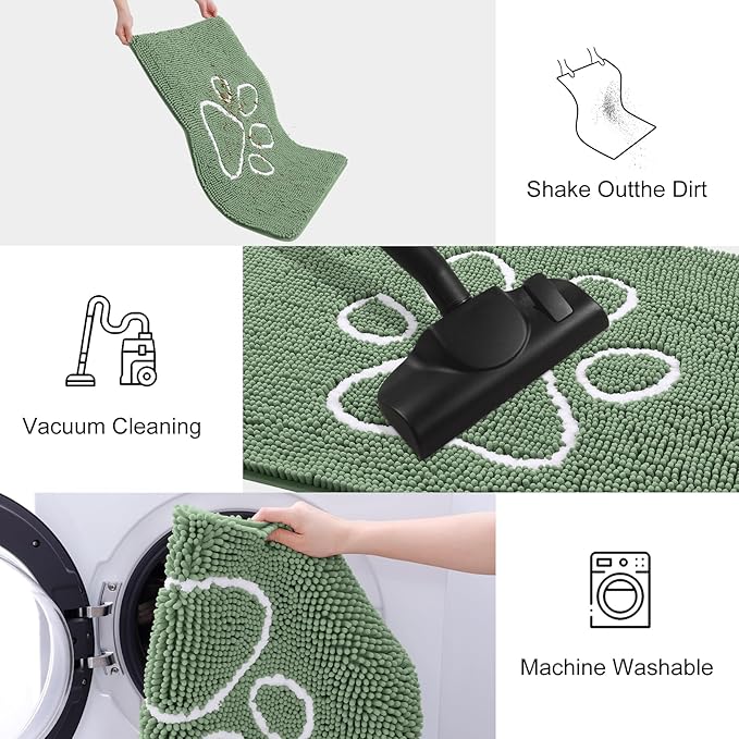 Smiry Dog Door Mat for Muddy Paws, Absorbent Dirt Trapper Non Slip Quick Dry Washable Chenille Mat for Mud Dogs, Entry Rug for Indoor and Outdoor (48x30 Inches, Olive Green and White)