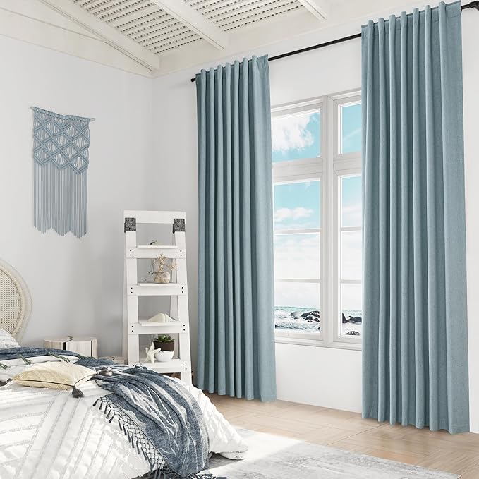 Guken Blue 100% Blackout Linen Curtains 84 Inch Length 2 Panels Set for Living Room Bedroom Back Tab Thermal Insulated Black Out Drapes Room Darkening Window Curtains 84 Inches Long Dusty Blue