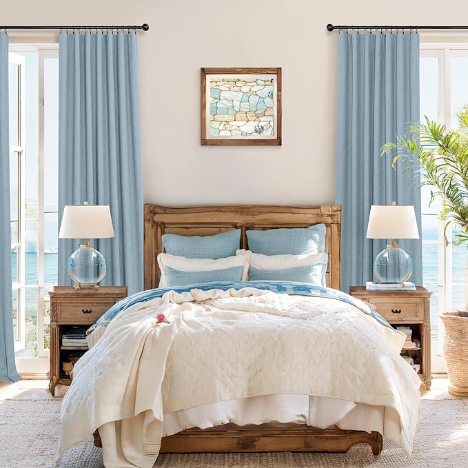 Dusty Blue Blackout Curtains for Nursery 54 Inch Length 2 Panel Chic Linen Look Short Thick Privacy Lightweight Grey Blue Light Blocking Room Darkening Curtain for Kids Bedroom Back Tab Pocket 54 Long