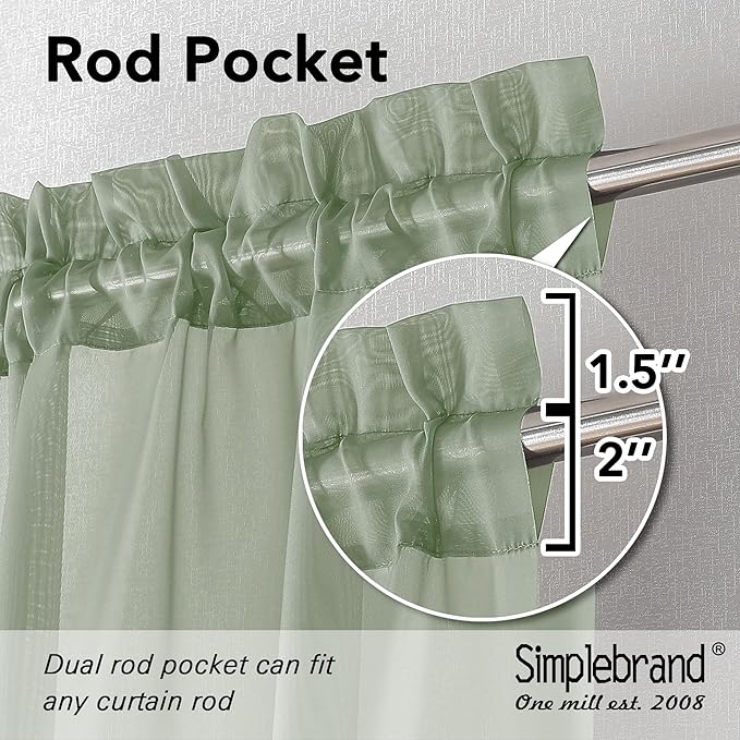 Simplebrand Sage Green Sheer Curtains 90 Inches Long 2 Panels, Light Filtering Rod Pocket Solid Color Window Sheer Curtain Panels, Elegant Curtains & Drapes for Living Room, Bedroom, 42" W x 90" L