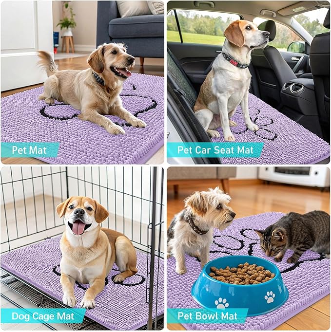 OLANLY Dog Door Mat for Muddy Paws 30x20, Paw Print Design, Absorbs Moisture and Dirt, Absorbent Non-Slip Washable Doormat, Quick Dry Chenille Mud Mat for Dogs, Entry Indoor Entryway Carpet, Lavender