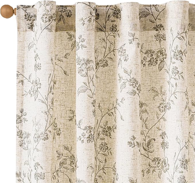 Lazzzy Floral Linen Curtains Farmhouse Extra Long Curtain for Living Room Bedroom Light Filtering Vintage Rod Pocket Back Tab Drapes for Home, 2 Panels, Gray on Beige, W38 X L108