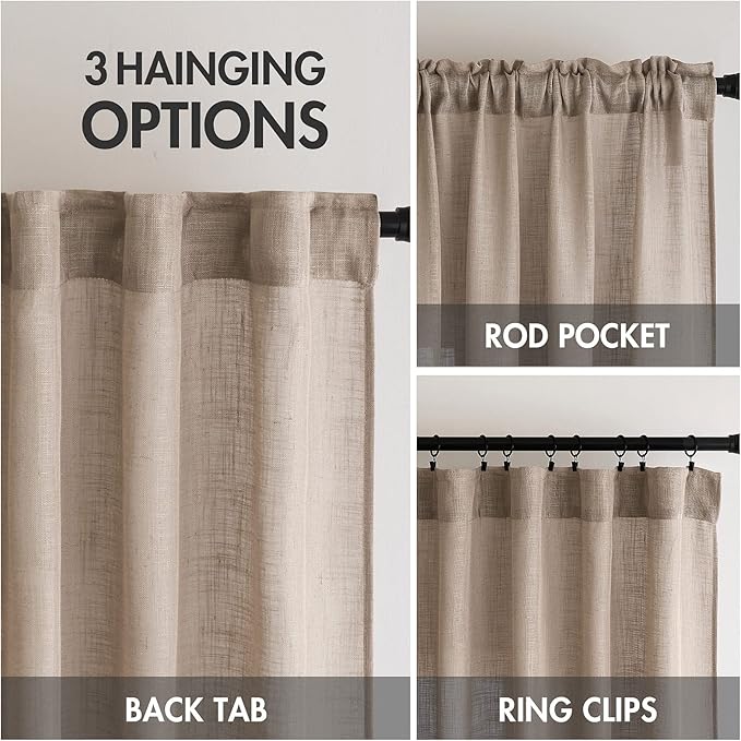 MIULEE Taupe Linen Curtains 54 Inch Length 2 Panels for Bedroom Living Room, Soft Thick Linen Textured Natural Short Window Drapes Semi Sheer Light Filtering Back Tab Rod Pocket Burlap Look Decor