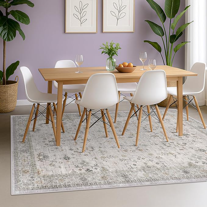 Hazo Haus Boho Light Grey 5x8 Living Room Rug - Modern Vintage Eclectic Floral Pastel Neutral Taupe, Washable Low Pile Non-Slip Large Area Rugs for Nursery Dining Under Table Bedroom Lounge