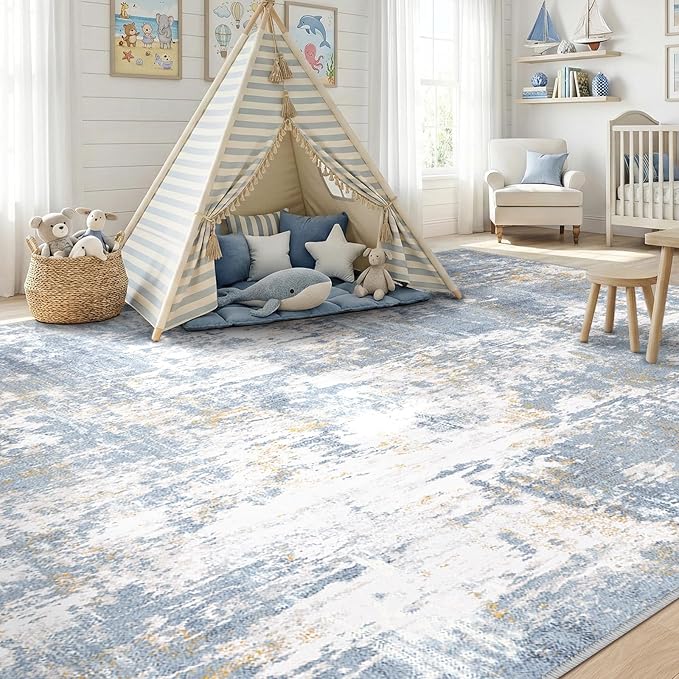 Washable Area Rugs 8'x10' Non-Slip Modern Abstract Soft for Living Room Entryway Bedroom Nursery, Print Pattern, Light Blue