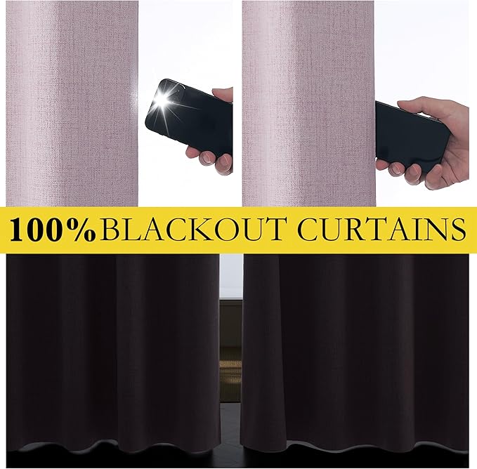 NICETOWN Pink Vintage Linen 100% Blackout Curtains for Living Room, Thermal Insulated Curtains 95“ Long, Noise Reducing Window Treatment Drapes for Home Office, 62" Wide Per Panel, Set of 2