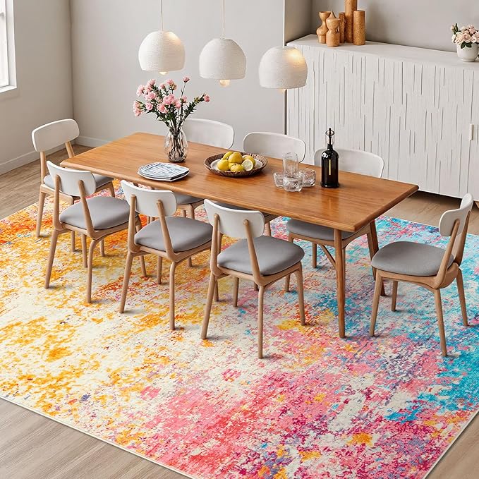 Rugflix 4x6 Area Rugs for Living Room, Washable Large Multicolor Rug Stain-Resistant Low Pile, Modern Carpet for Dining Room Home Office Kid Room Nursery Bedroom, Colorful Rainbow