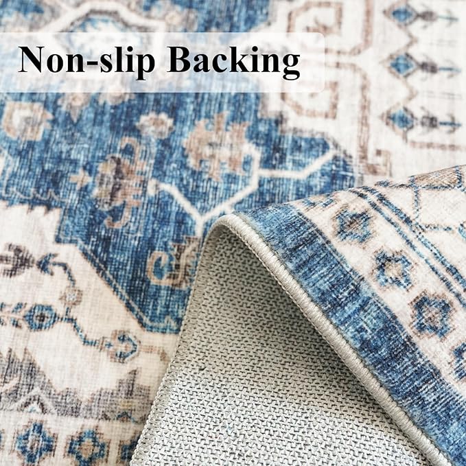 2x4 Non-Slip Entryway Area Rugs: Washable Stain Resistant Kitchen Carpet Printed Doormat Soft Low Pile Nursery Rug Vintage Small Floor Mat for Hardwood Bedroom Cozy Home Decor fot Family(2x4,Blue)