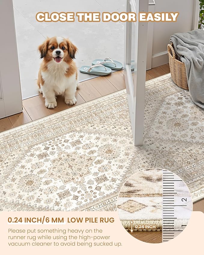 Washable Rugs 8x10 Area Rugs for Living Room, Non-Slip Backing Large Rug for Nursery Room, Vintage Floral Bedroom Rugs, Thin Indoor Home Decor Soft Farmhouse Rug (Cream/Beige,8'x10')