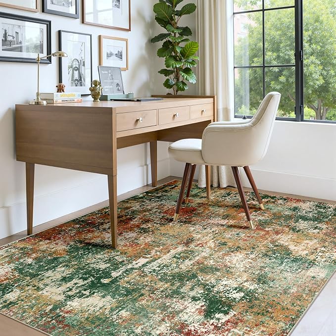 Washable Area Rugs 4'x6' Non-Slip Modern Abstract Soft for Living Room Entryway Bedroom Nursery, Print Pattern, Green Orange Rust Red Cream Colorful