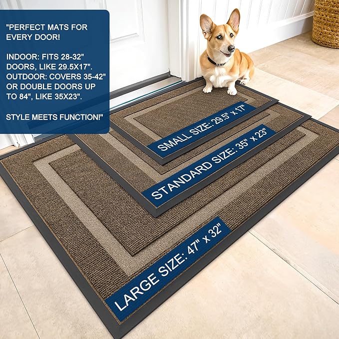OLANLY Front Door Mat Indoor Outdoor Entrance, Waterproof All-Season, All-Weather Doormat, Sturdy Natural Rubber, Fade Resistant, Low Profile, Easy Clean Patio Porch Entryway Mat, 33x21, Brown