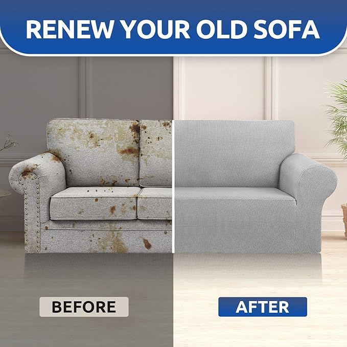 KEKUOU Stretch Oversized Sofa Slipcover 1 Piece Couch Sofa Cover (94"-110") Furniture Protector 4 Seater Sofa with Elastic Bottom for Kids,Pet.Jacquard Checked Pattern Fabric(X Large,Silver)