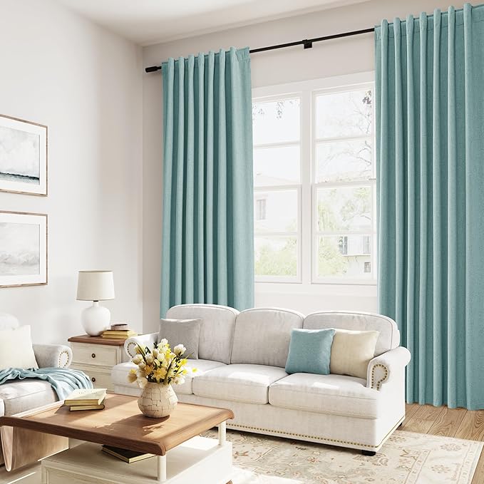 Guken 100% Blackout Linen Curtains 63 Inch Length 2 Panels Set for Living Room Bedroom Back Tab Thermal Insulated Black Out Linen Drapes Room Darkening Window Curtains,Light Blue