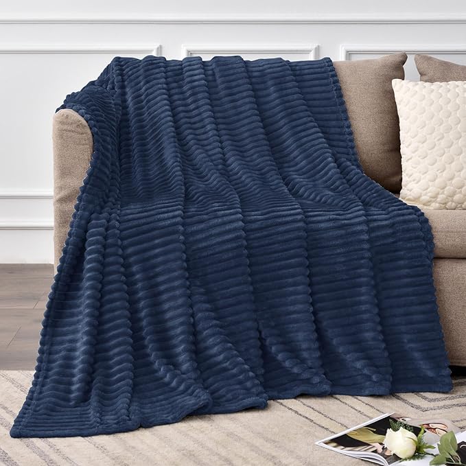 BEDELITE Fleece Throw Blanket for Couch – 3D Ribbed Jacquard Soft and Warm Decorative Fuzzy Blanket – Cozy, Fluffy, Plush Lightweight Navy Throw Blankets for Bed, Sofa, 50x70 inches