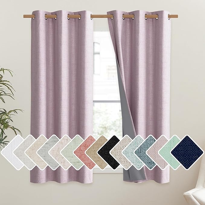 NICETOWN Pink Vintage Linen 100% Blackout Curtains for Dining Room, Thermal Insulated Curtains 45" Long, Noise Reducing Window Treatment Drapes for Kitchen, 42" Wide Per Panel, Set of 2