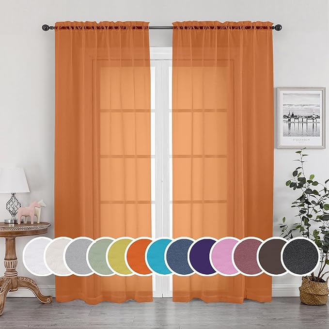 OWENIE Sheer Orange Curtains, Sheer Curtains 84 inch Length 2 Panels Set, Rod Pocket Voile Fimly Sheer Drapes for Living Room/Bedroom, 2pcs, Each 42" W x 84" L