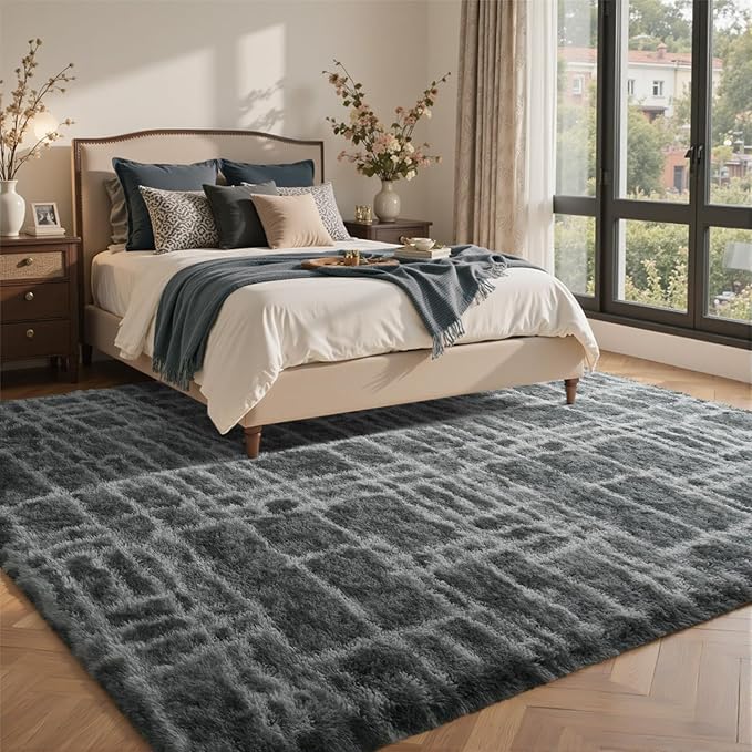 8x10 Ft Extra Large Shag Rugs for Living Room, Tie Dyed Ultra Soft Fluffy Furry Area Rugs for Bedroom Indoor Floor, Aesthetic Carpet for Kids Home Decor (Grey)