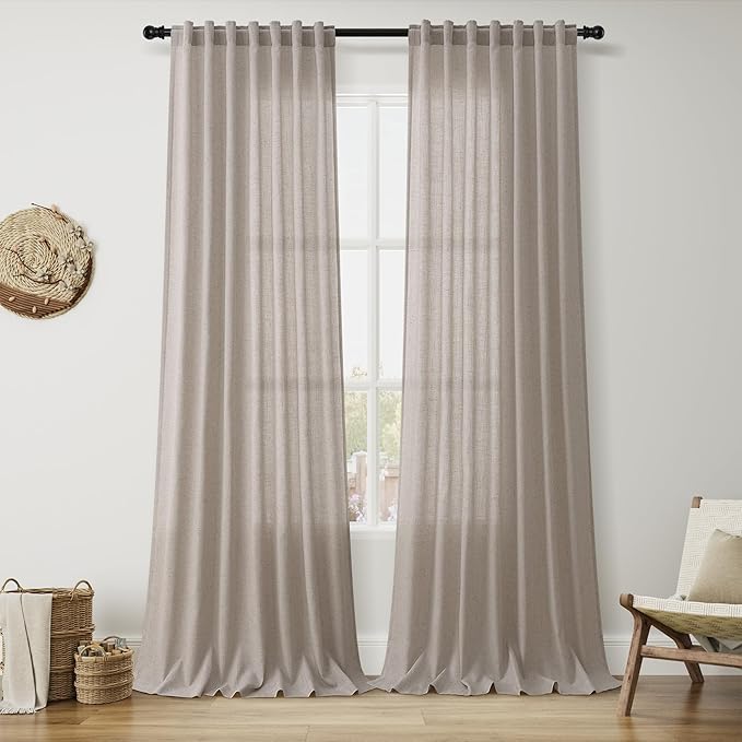 Nanspring Stone Beige Linen Curtains 96 Inches Long for Living Room Simple Modern Luxury Light Filtering Semi Sheer Curtain Back Tab Farmhouse Decor Drapes for Bedroom Office 52x96, 2 Panels
